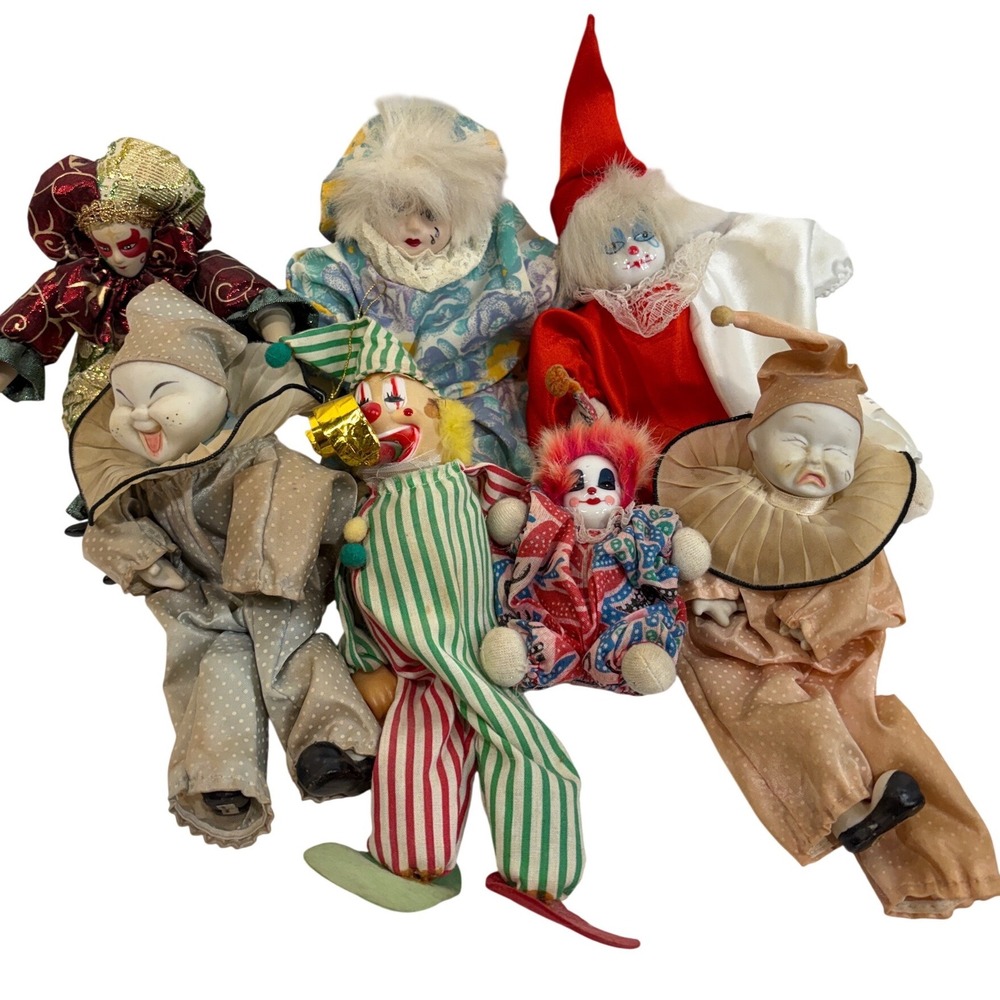 Vintage Clown Jester Doll Lot of 7 Sugar Loaf Limber Gail Porcelain Mixed Decor